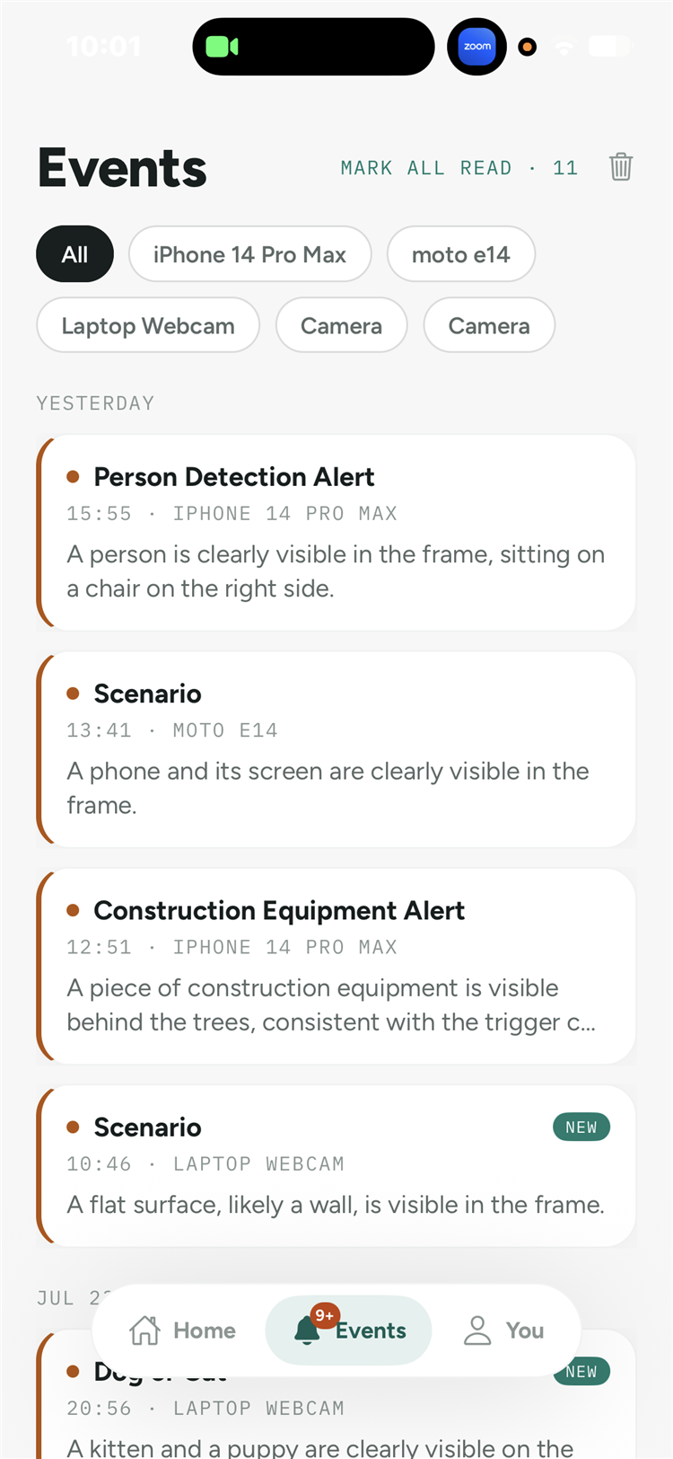 Events feed with AI descriptions