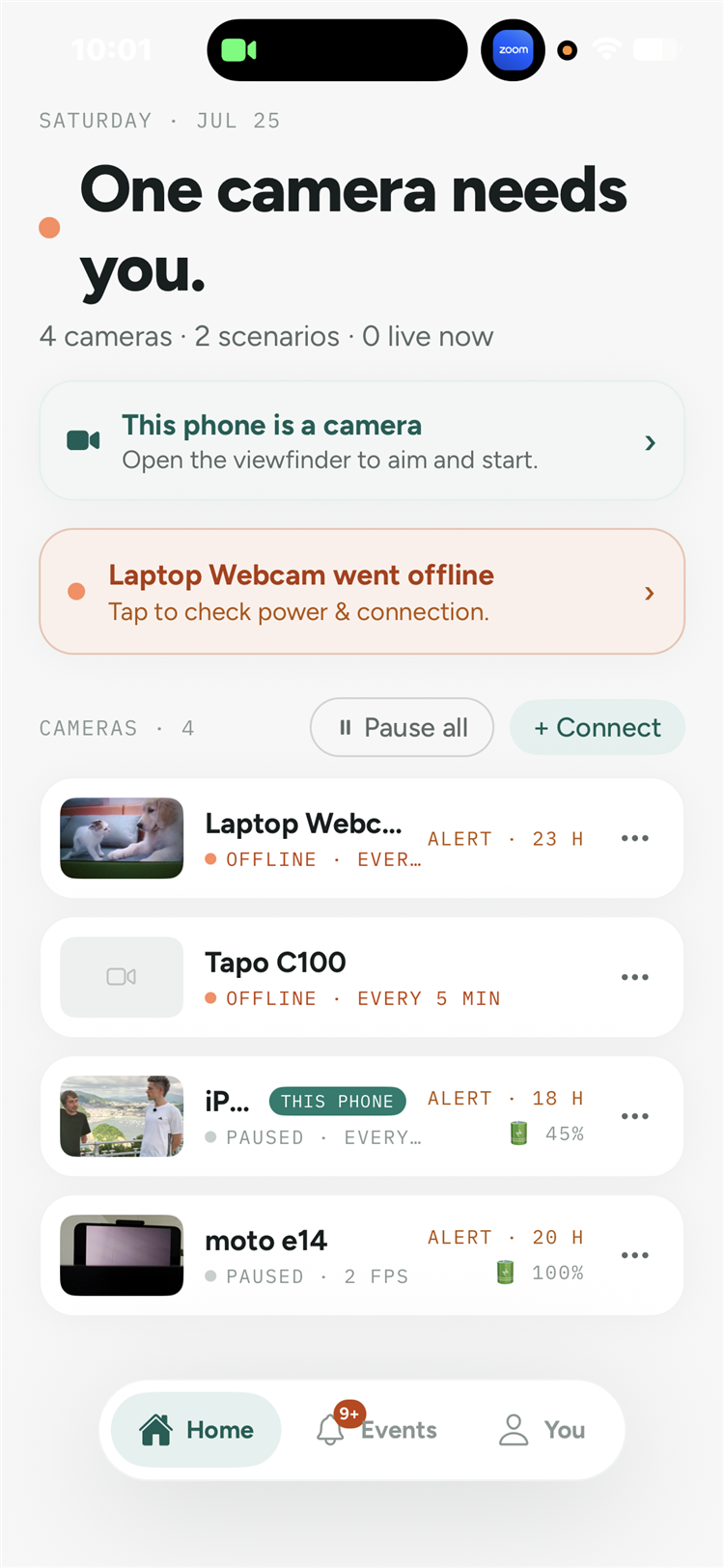 AI Vision Monitor home screen with a fleet of cameras