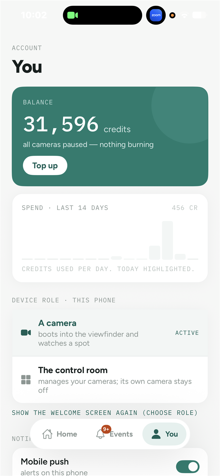 Account screen with credits and settings
